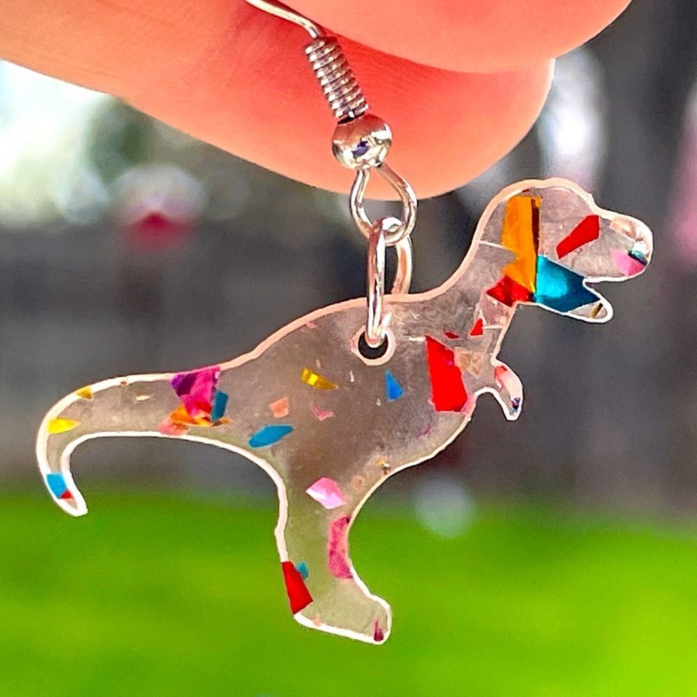 Dinosaur tyrannosaurus T-Rex drop earrings acrylic confetti glitter gift